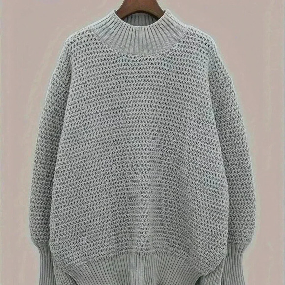 Grey Casual Women's High Low Hem Mock Neck Sweater - Picture 2 of 7